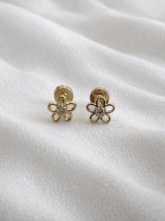 Jewelry - 14k Gold plated stainless steel cubic zirconia flower screw back earrings